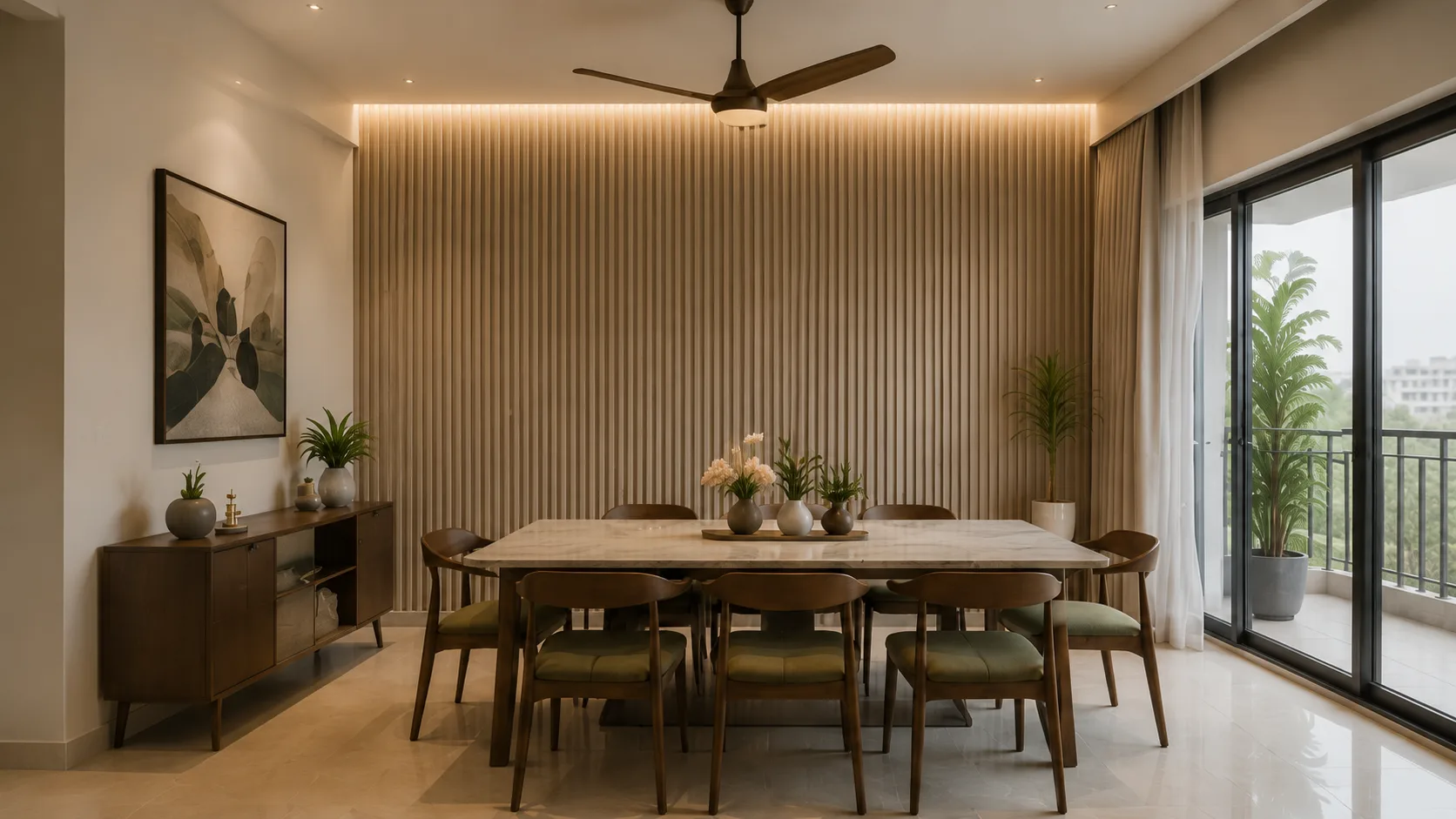 Modern Dining Room with a Vertical Wood Slat Wall and Marble Table | Interior Design Idea by IndecSpace