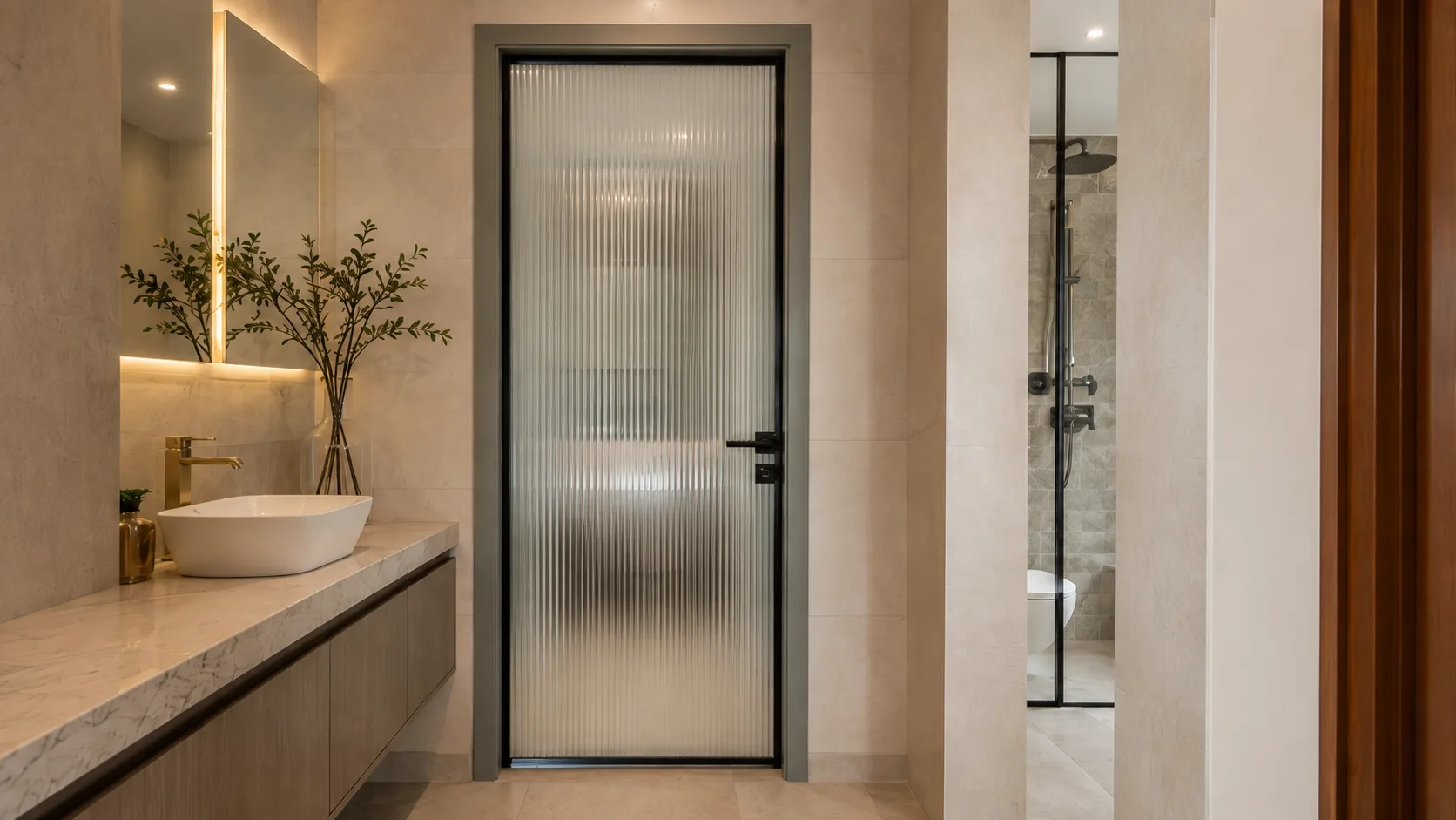 Modern Bathroom Door with a Fluted Glass Panel and Black Frame | Interior Design Idea by IndecSpace