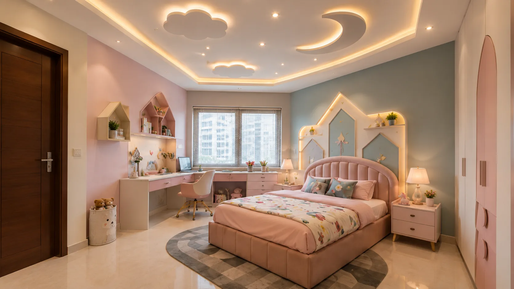 Kids Bedroom Gypsum Ceiling with Cloud and Crescent Moon Shapes | Interior Design Idea by IndecSpace