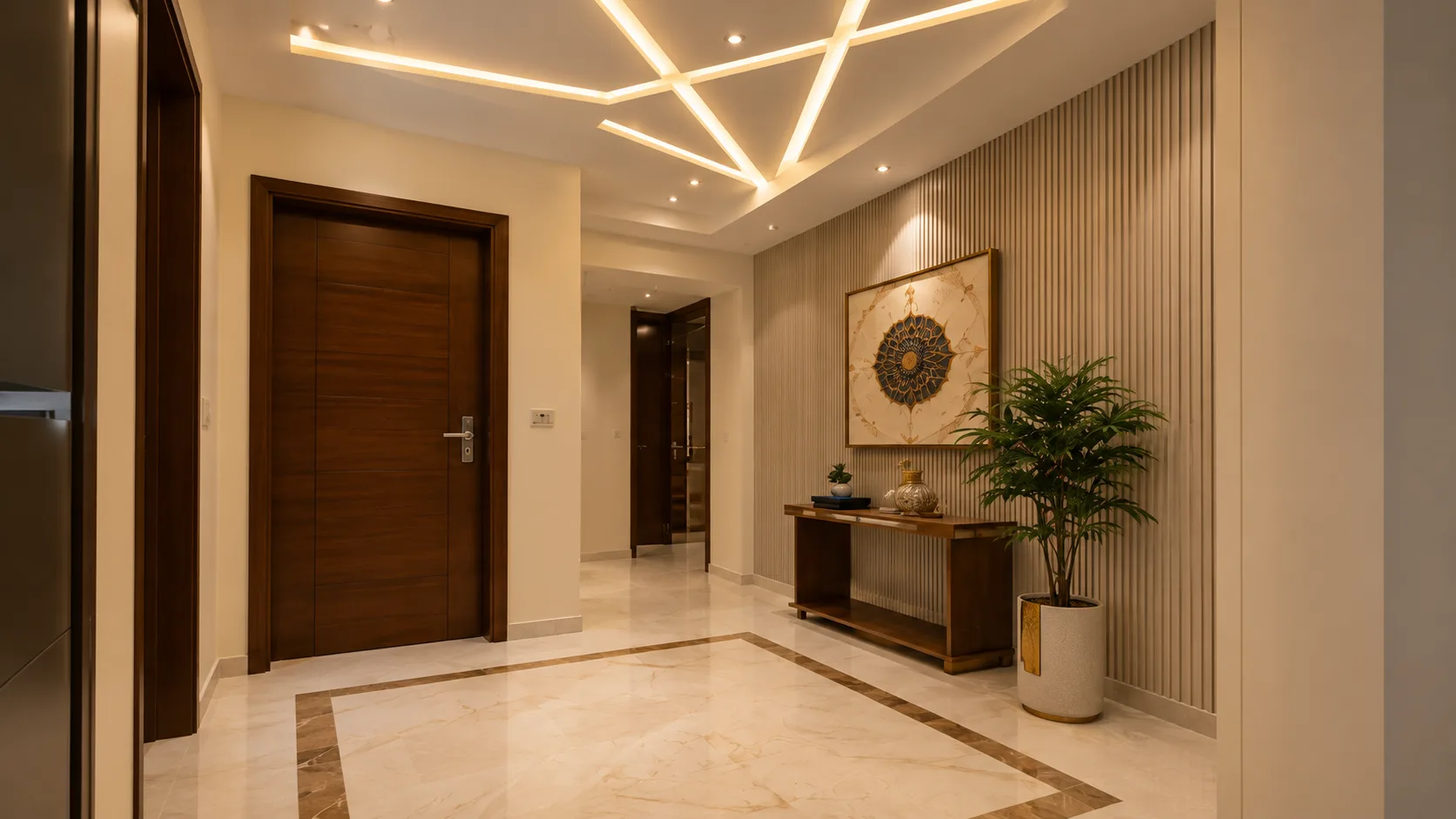 Modern Gypsum Ceiling with an Angular LED Strip Pattern | Interior Design Idea by IndecSpace
