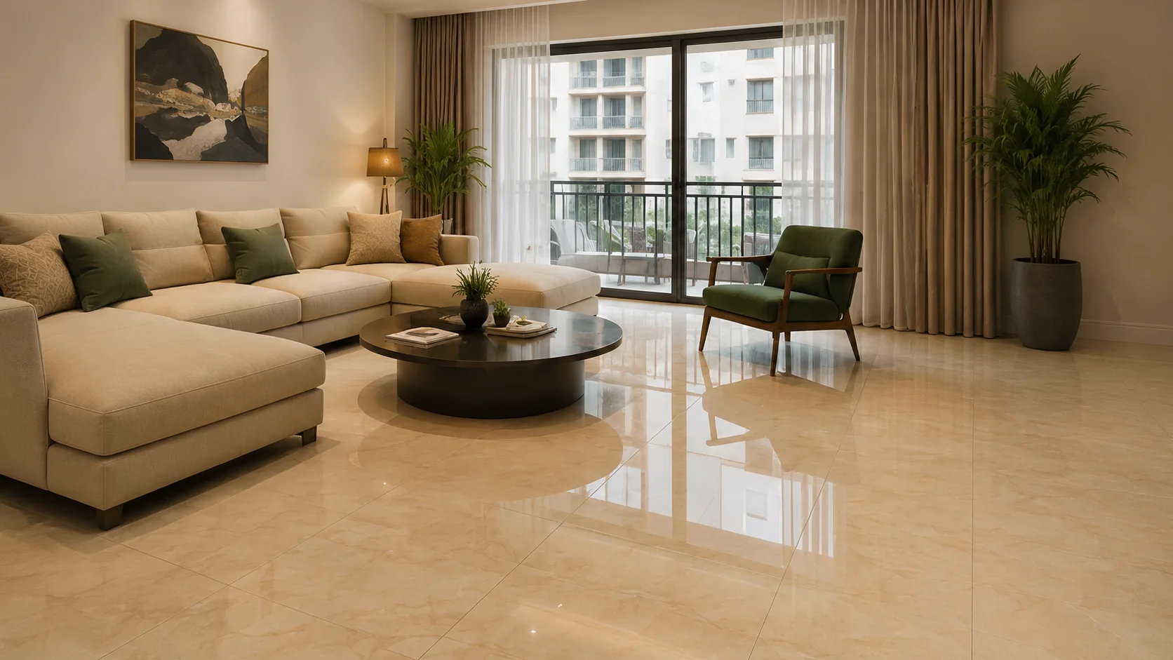 Glossy Beige Marble-Look Flooring in Large Square Tiles | Interior Design Idea by IndecSpace