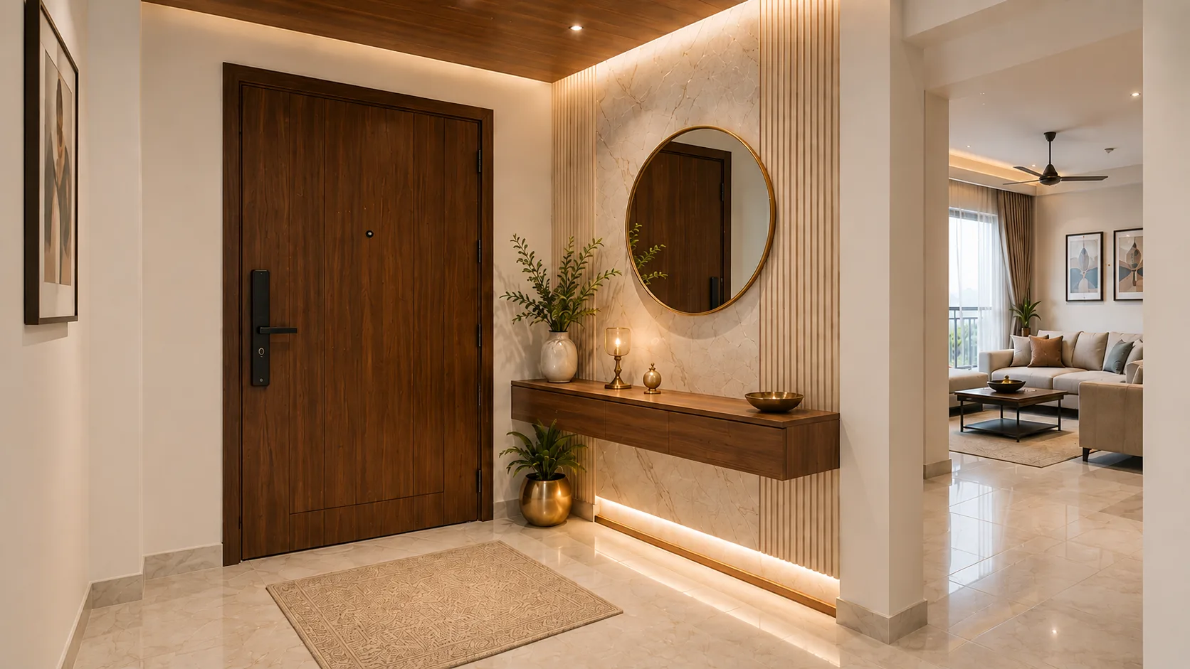 Contemporary Foyer with a Floating Walnut Console and Round Brass Mirror | Interior Design Idea by IndecSpace