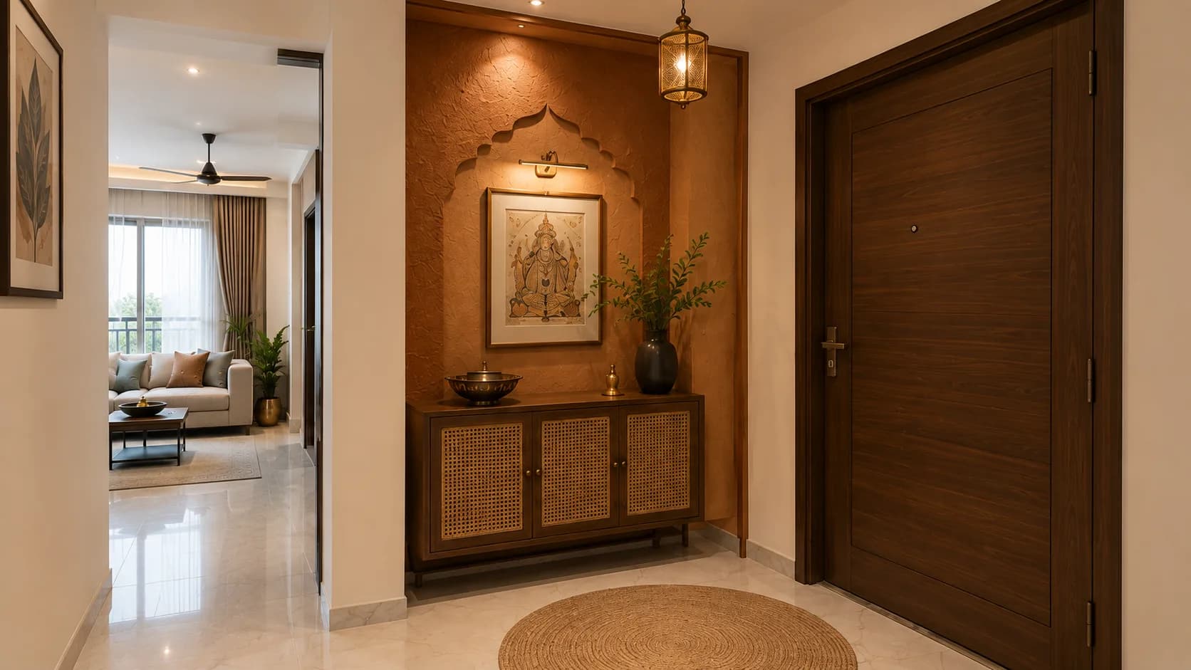 Indian Contemporary Foyer with a Terracotta Textured Wall and Cane Cabinet | Interior Design Idea by IndecSpace