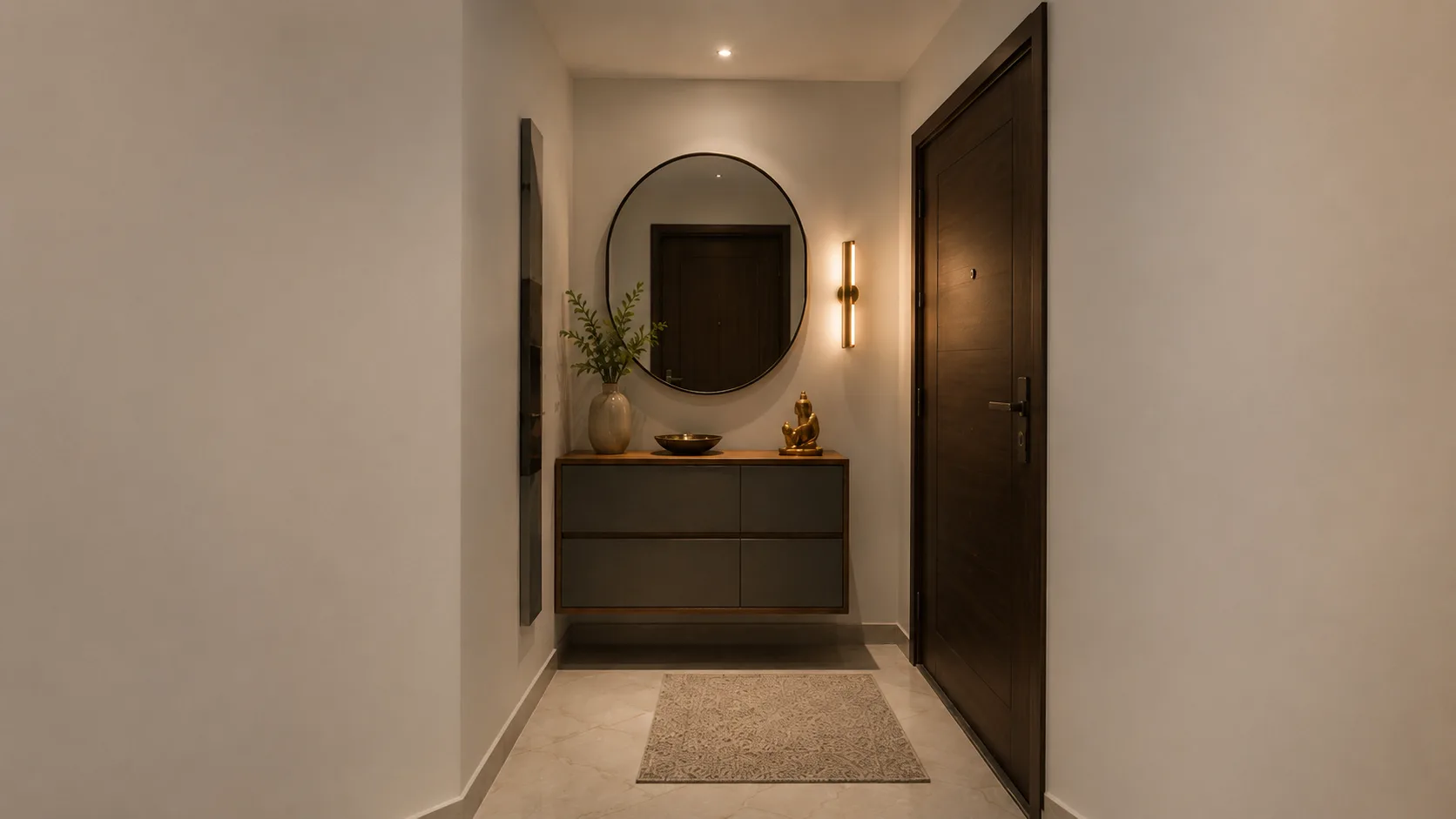 Minimalist Foyer with a Floating Charcoal Console and Round Mirror | Interior Design Idea by IndecSpace
