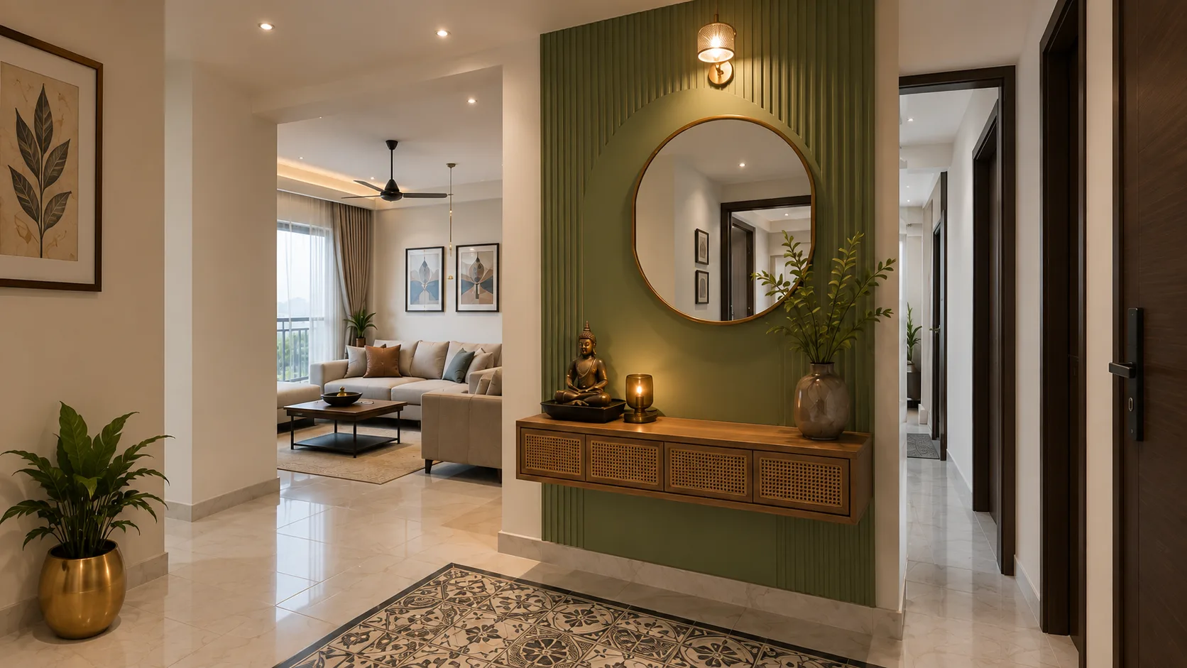 Modern Foyer with an Olive Fluted Wall and Cane Console | Interior Design Idea by IndecSpace