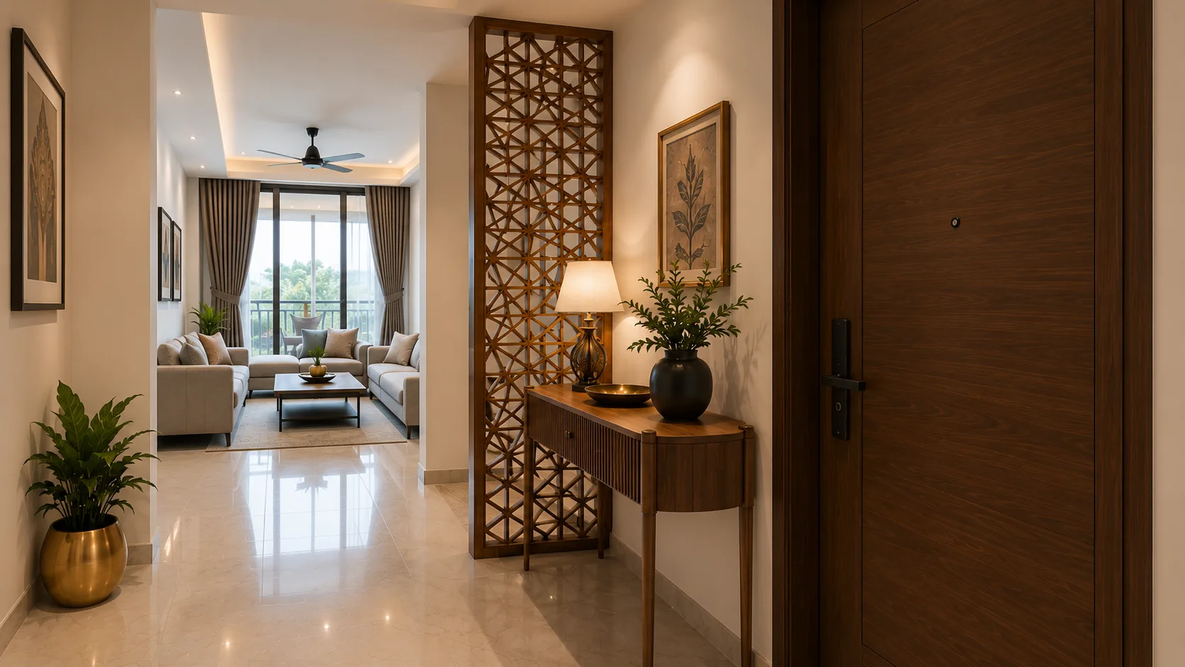 Modern Foyer with a Wooden Jali Partition and Fluted Walnut Console | Interior Design Idea by IndecSpace