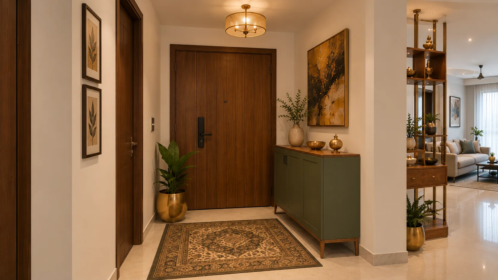 Warm Contemporary Foyer with an Olive Console and Patterned Rug | Interior Design Idea by IndecSpace