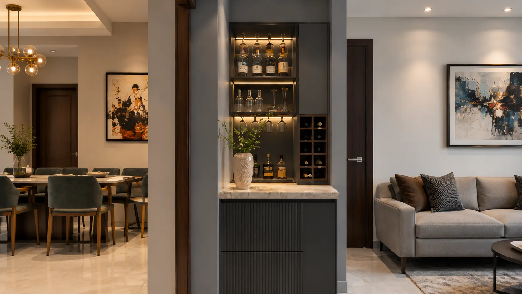 Charcoal Contemporary Home Bar with a Marble Counter and Wine Storage | Interior Design Idea by IndecSpace