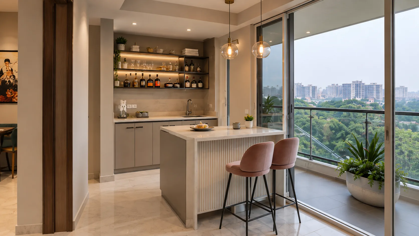 Contemporary Balcony Home Bar with Greige Cabinets and a Fluted Island | Interior Design Idea by IndecSpace