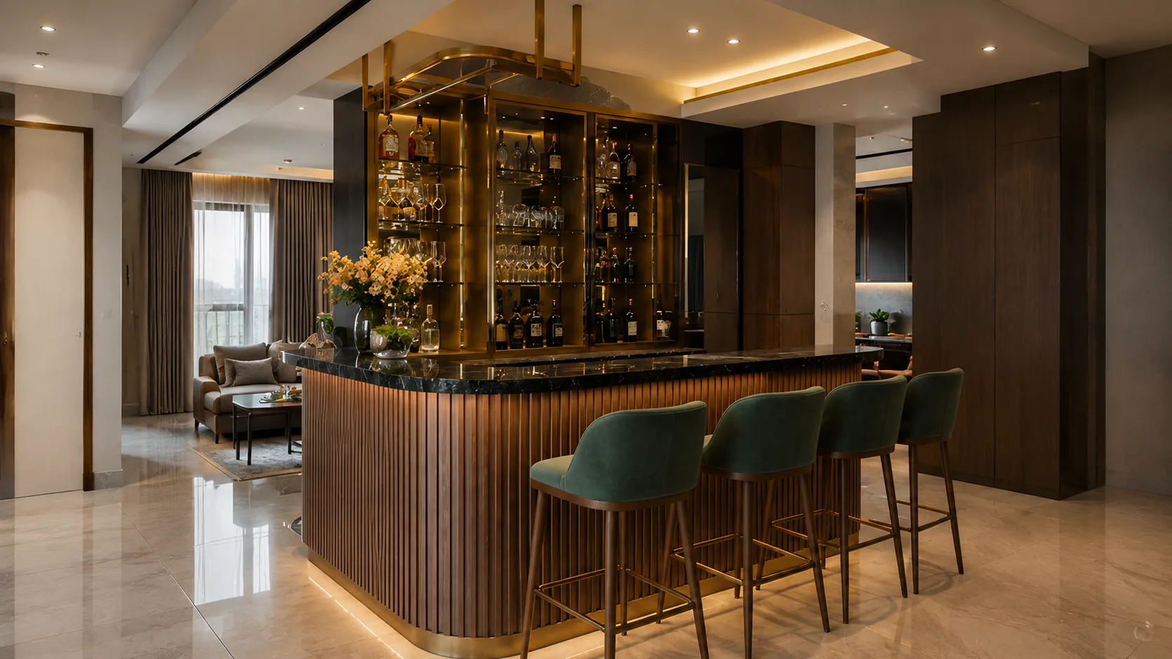 Luxury Walnut Home Bar with a Fluted Island and Glass Display | Interior Design Idea by IndecSpace