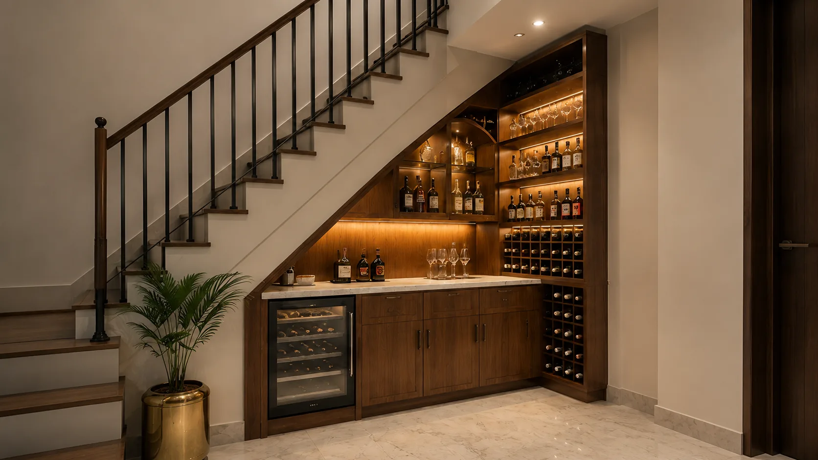 Under-Stair Walnut Home Bar with a Wine Cooler and Illuminated Shelving | Interior Design Idea by IndecSpace