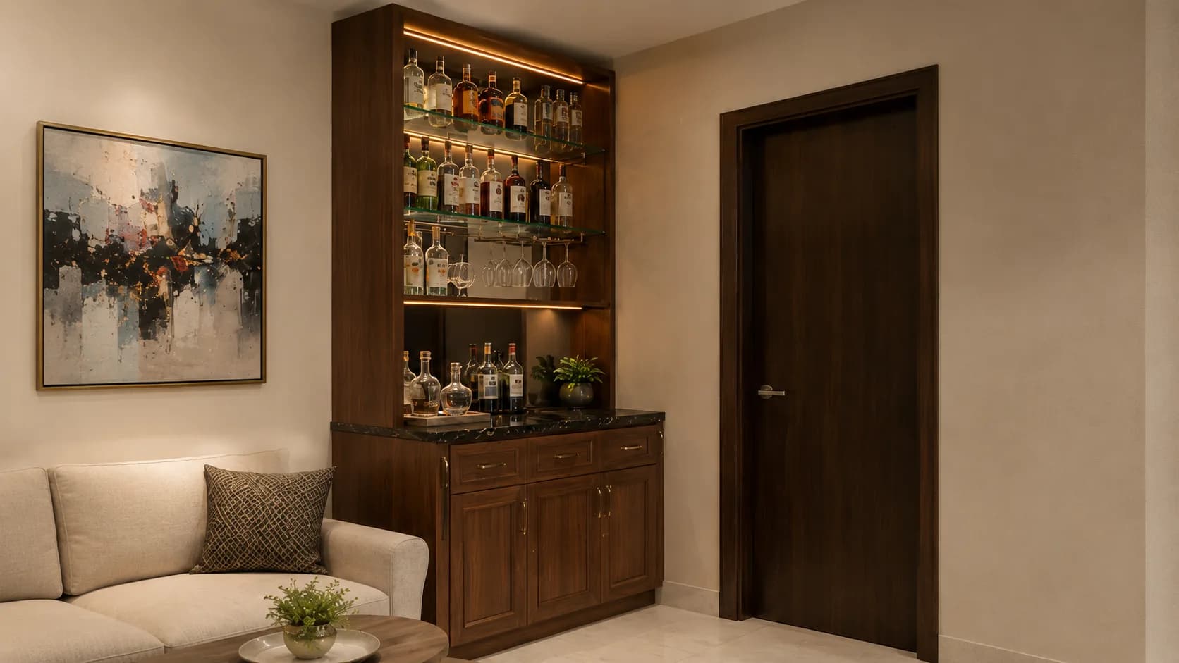 Walnut Contemporary Home Bar with Tiered Shelving and a Prep Counter | Interior Design Idea by IndecSpace