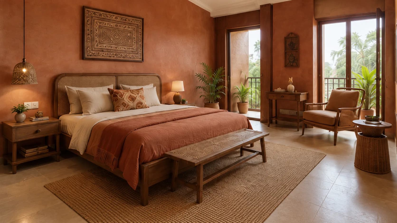 Artisan Master Bedroom with Terracotta Walls and a Cane Wood Bed | Interior Design Idea by IndecSpace