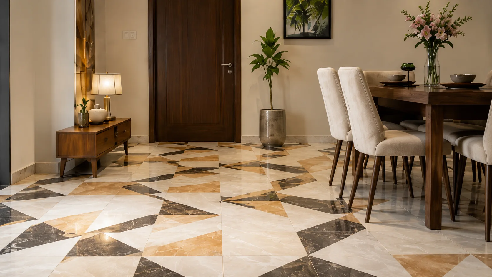 Geometric Marble Inlay Flooring in Beige, Brown and Black | Interior Design Idea by IndecSpace