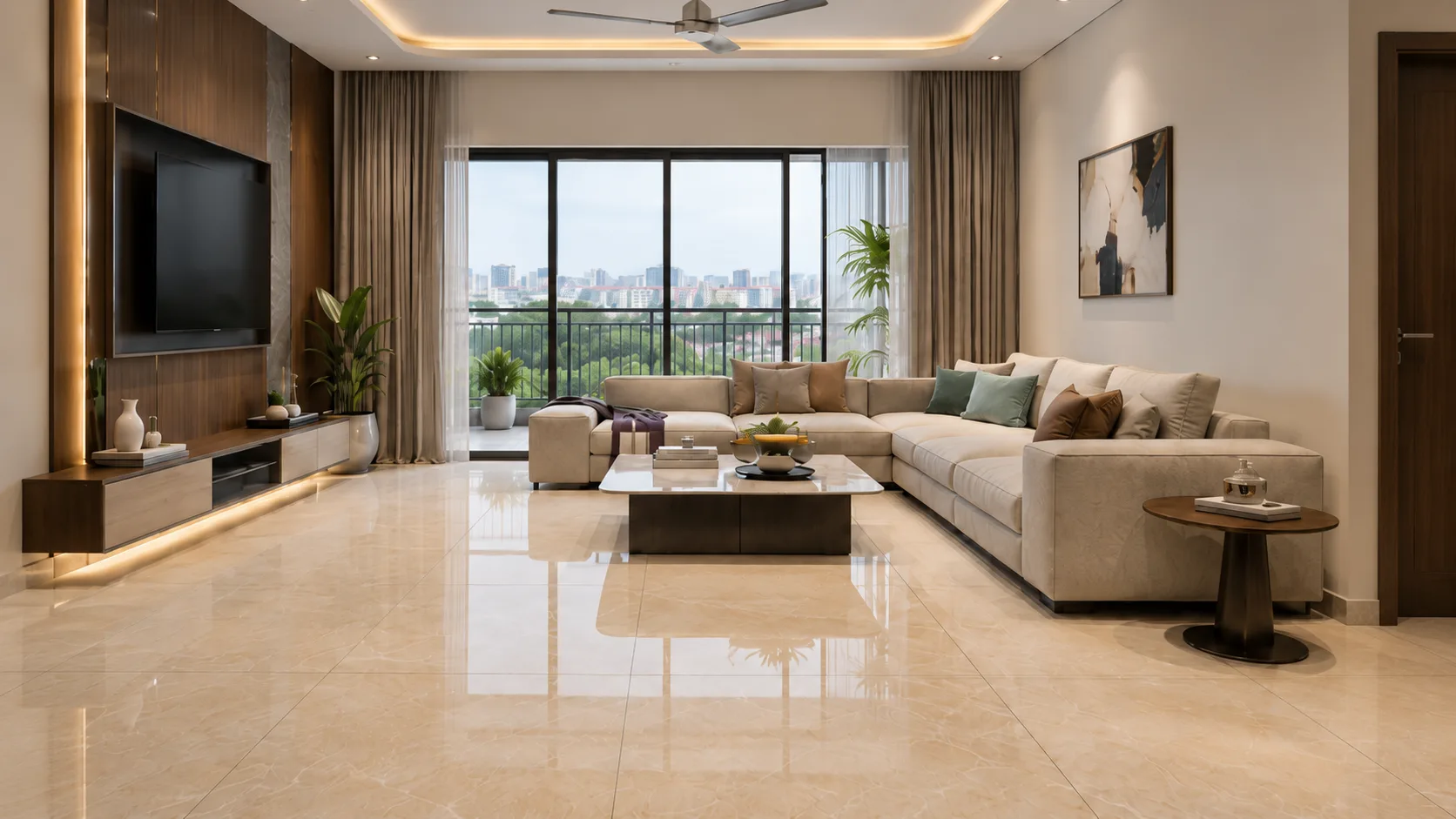 Glossy Beige Marble-Look Porcelain Flooring for a Modern Living Room | Interior Design Idea by IndecSpace