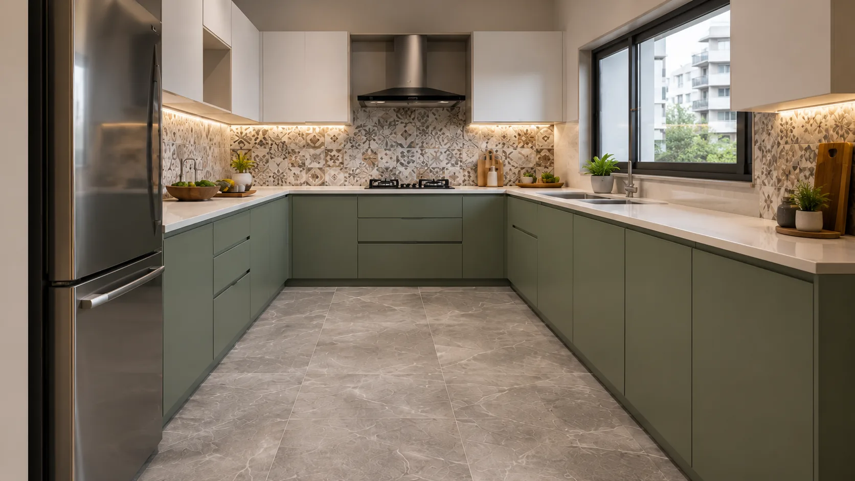Grey Stone-Look Large Format Porcelain Flooring for a Modular Kitchen | Interior Design Idea by IndecSpace