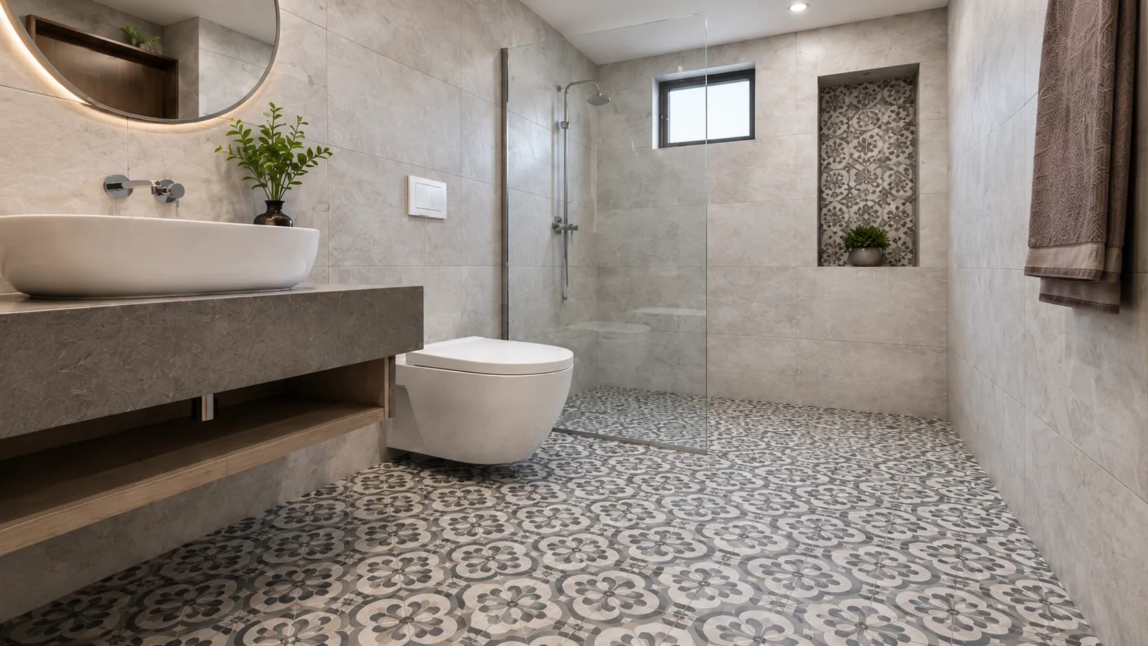 Grey and White Floral Pattern Ceramic Flooring for a Bathroom | Interior Design Idea by IndecSpace