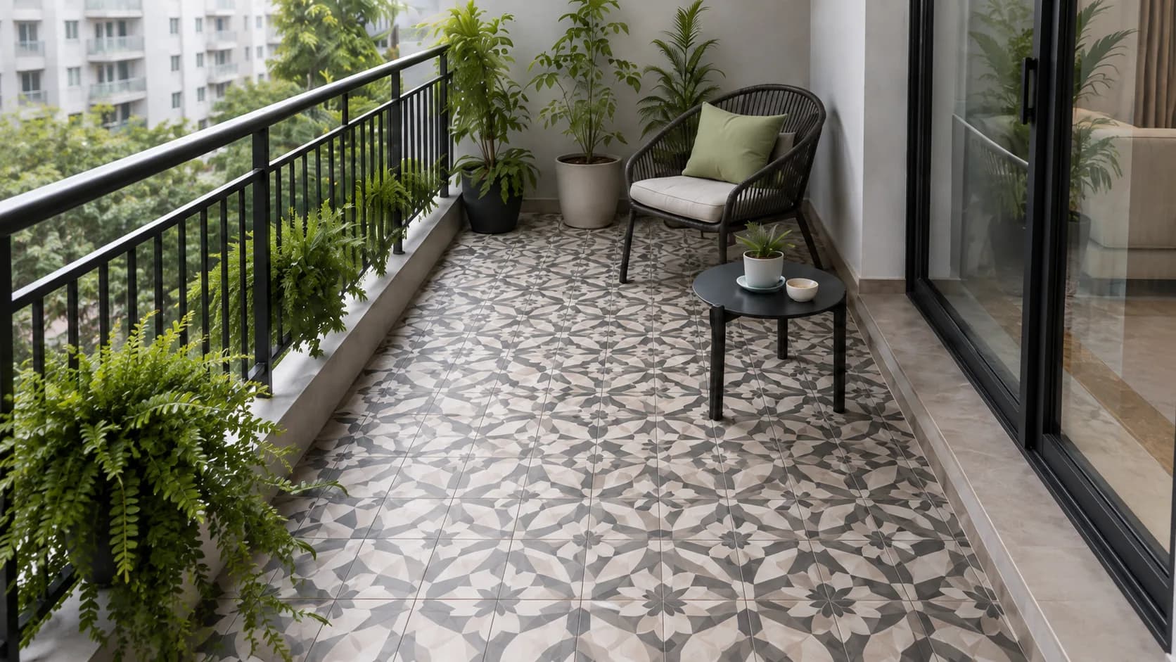 Grey and White Geometric Pattern Tile Flooring for a Balcony | Interior Design Idea by IndecSpace