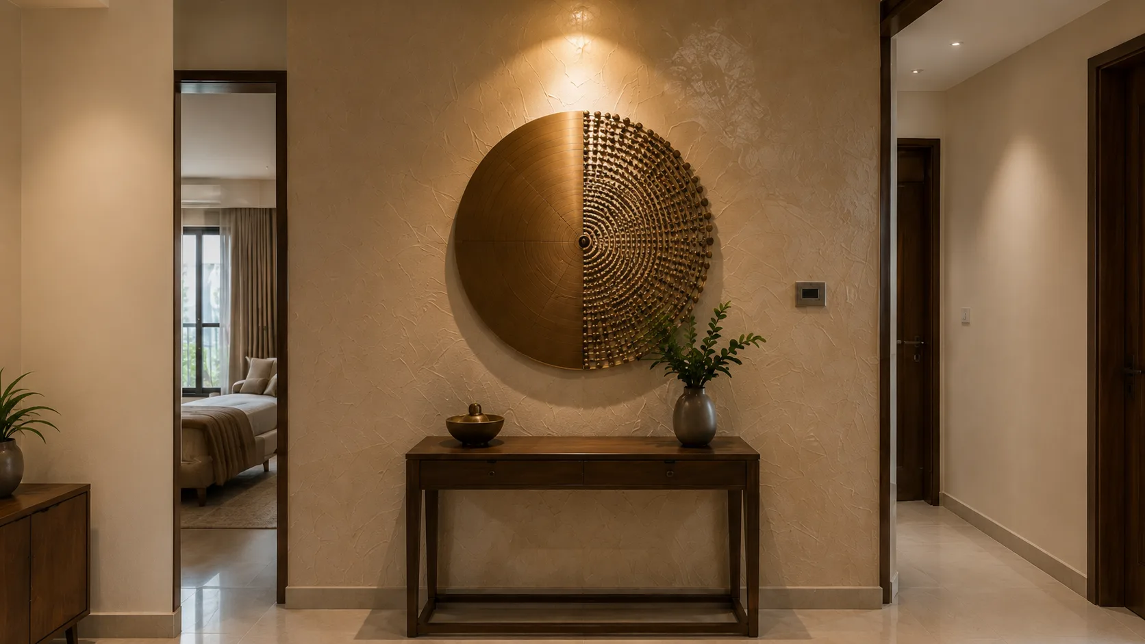 Modern Foyer Wall with a Textured Finish and Circular Metal Art | Interior Design Idea by IndecSpace