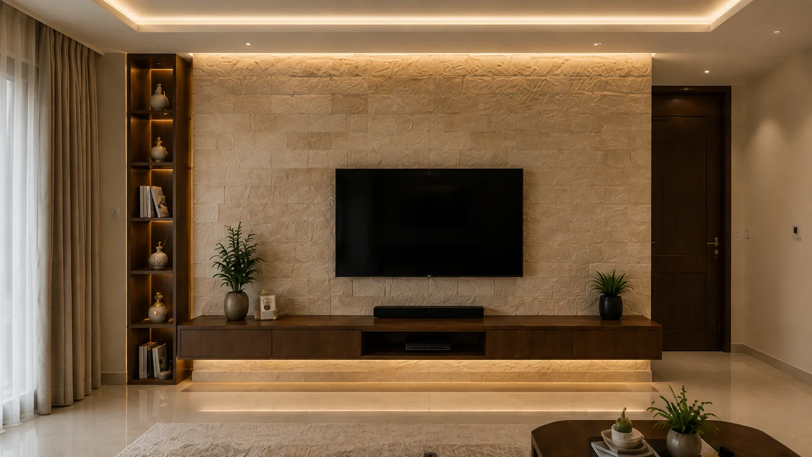 Modern TV Wall with Beige Stone Cladding and a Floating Wood Console | Interior Design Idea by IndecSpace