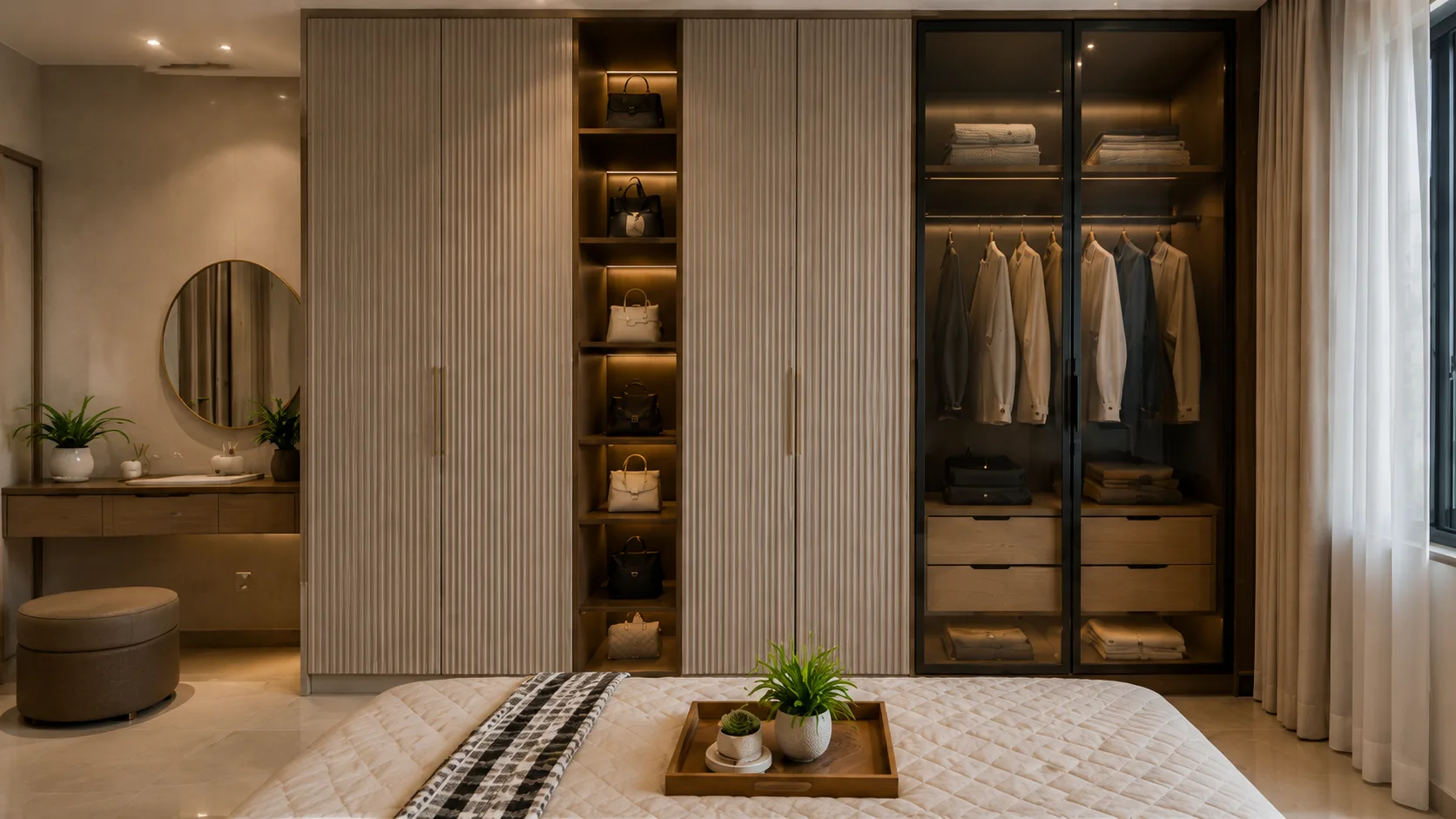 Contemporary Swing Wardrobe with Fluted Grey Panels and Tinted Glass | Interior Design Idea by IndecSpace