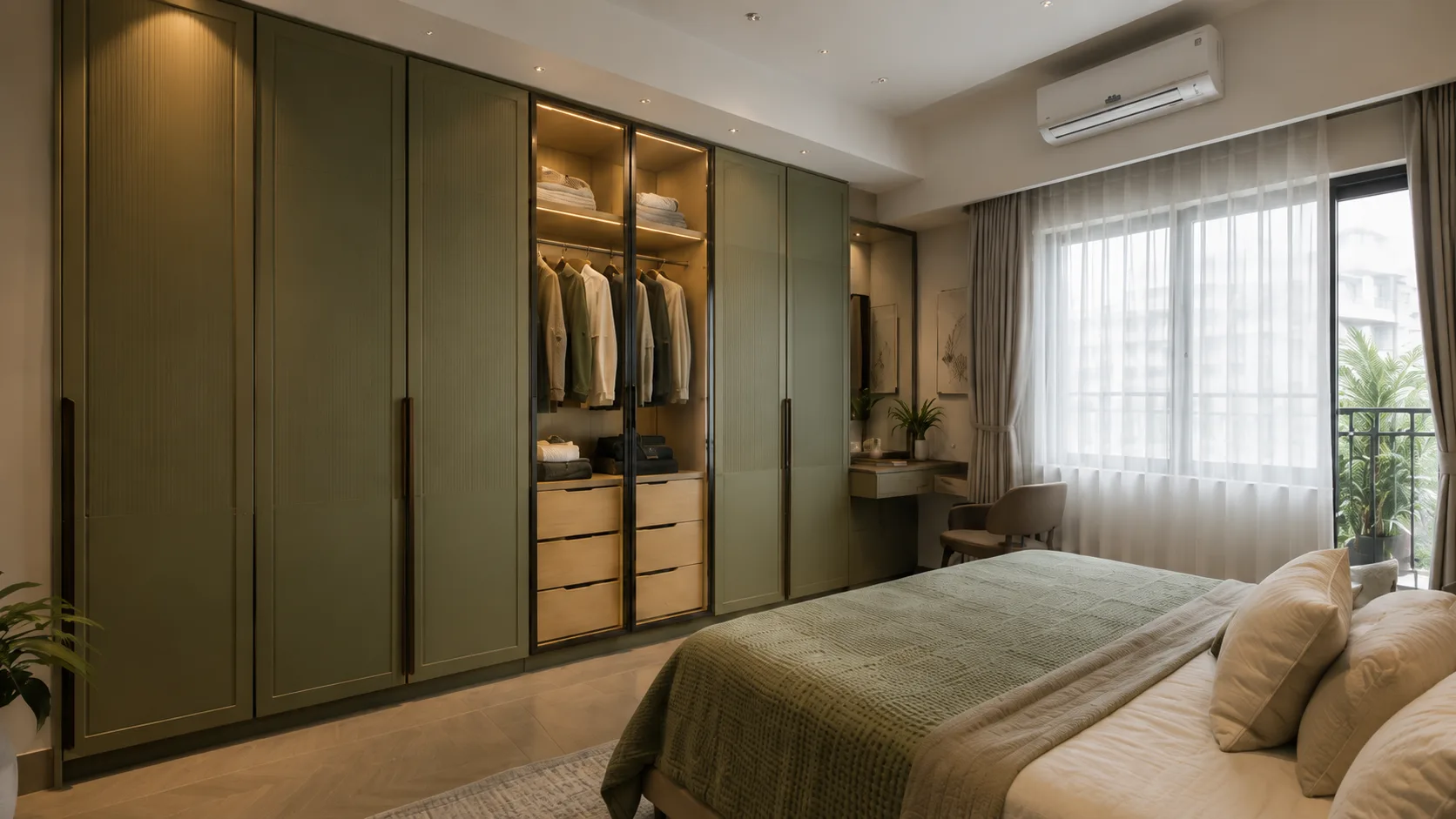 Contemporary Swing Wardrobe in Sage Green with Glass Display | Interior Design Idea by IndecSpace