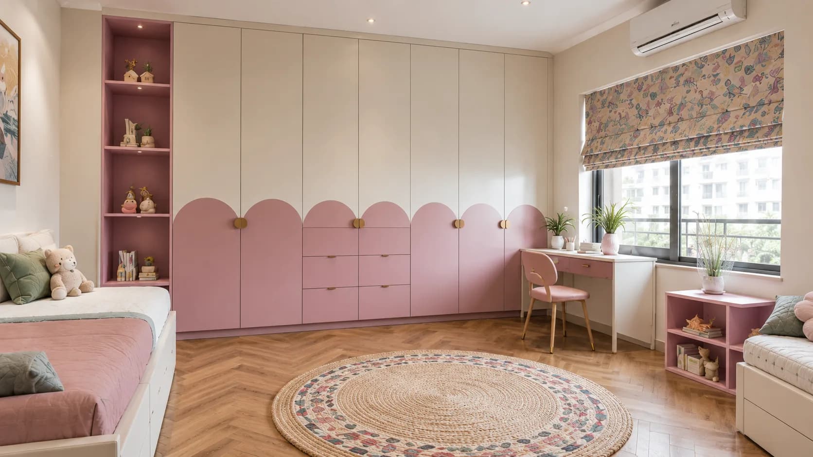 Kids Swing Wardrobe with Pink Scalloped Panels and Open Shelves | Interior Design Idea by IndecSpace