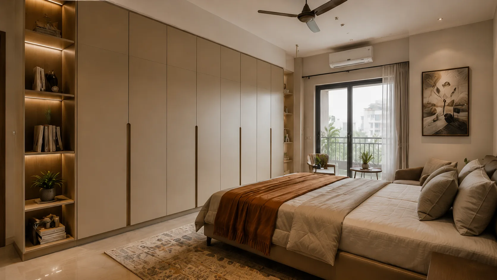 Modern Swing Wardrobe in Beige with Open Side Shelving | Interior Design Idea by IndecSpace