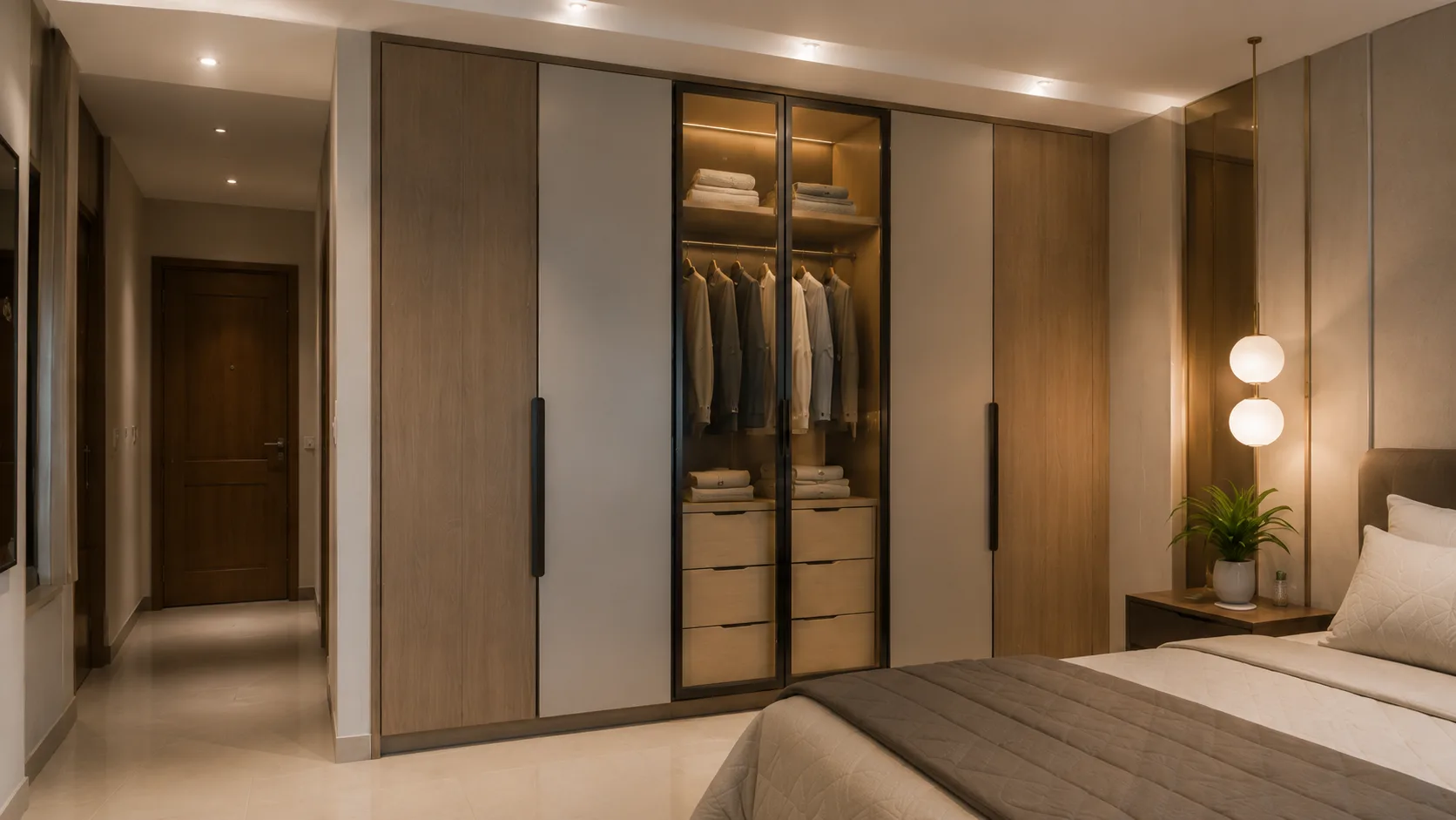 Modern Swing Wardrobe with Grey Wood Panels and Tinted Glass Doors | Interior Design Idea by IndecSpace