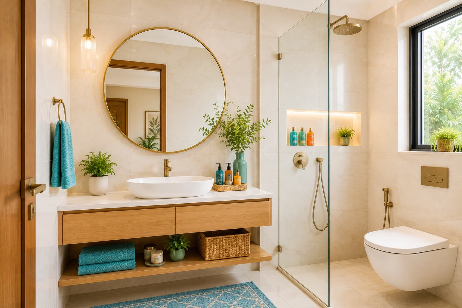 Contemporary Bathroom Design with Walk-In Shower and Stone Vanity | Interior Design Idea by IndecSpace