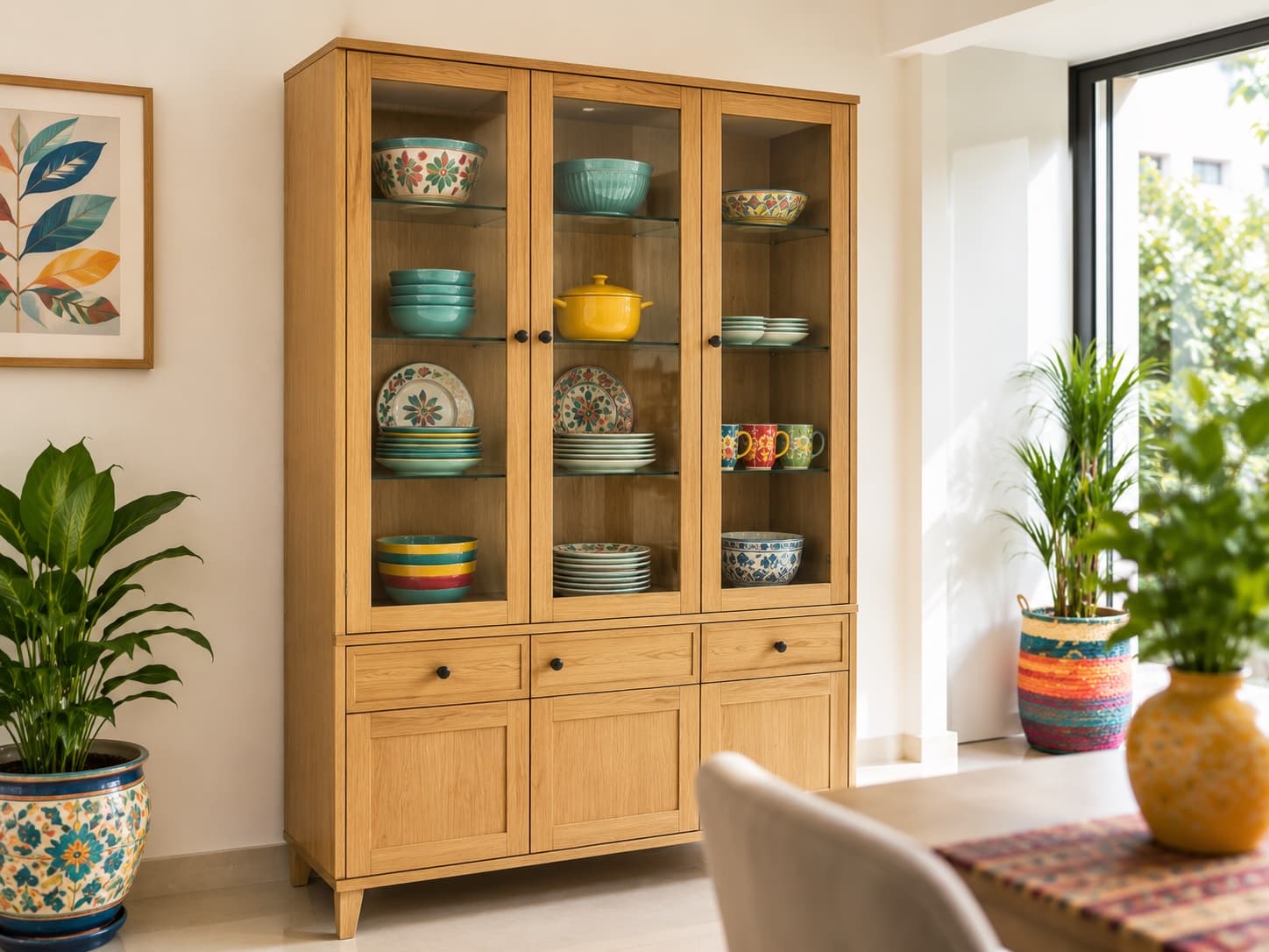 Glass-Front Crockery Unit with Aged Brass Handles in a Dining Room | Interior Design Idea by IndecSpace