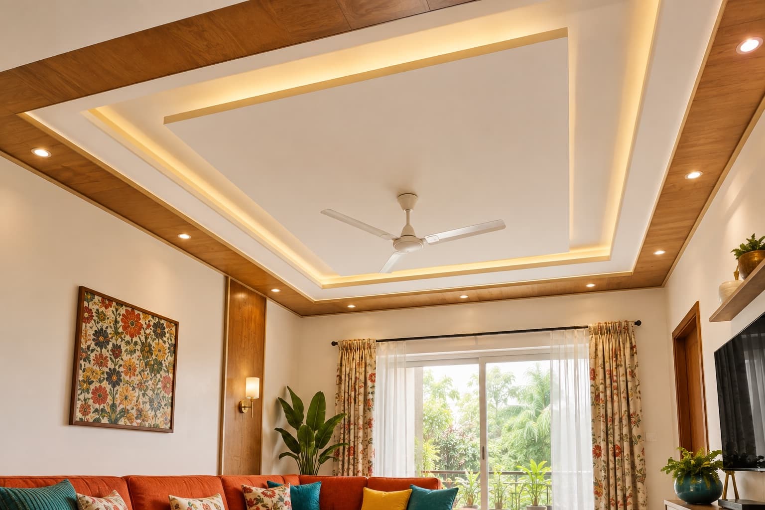 Traditional Stepped False Ceiling Design with Wooden Panel Detail | Interior Design Idea by IndecSpace