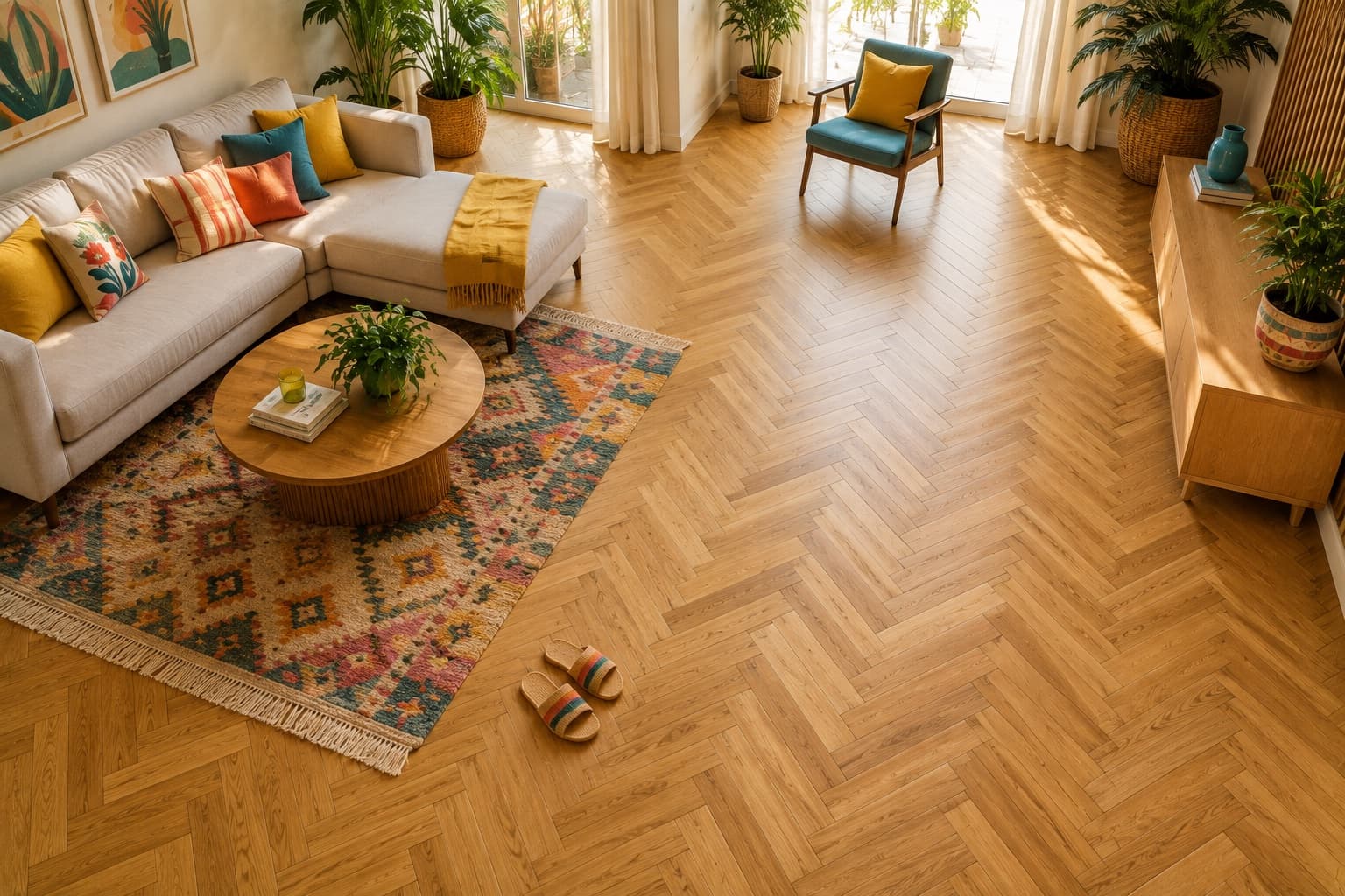 Contemporary Herringbone Wood Flooring Design in Warm Honey Tone | Interior Design Idea by IndecSpace