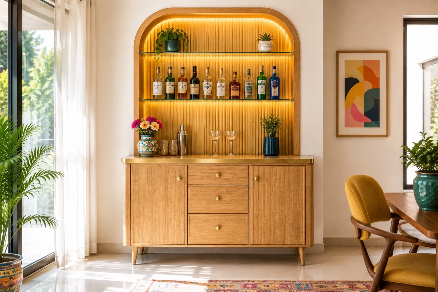 Console-Style Home Bar with Backlit Shelving in a Living Room | Interior Design Idea by IndecSpace