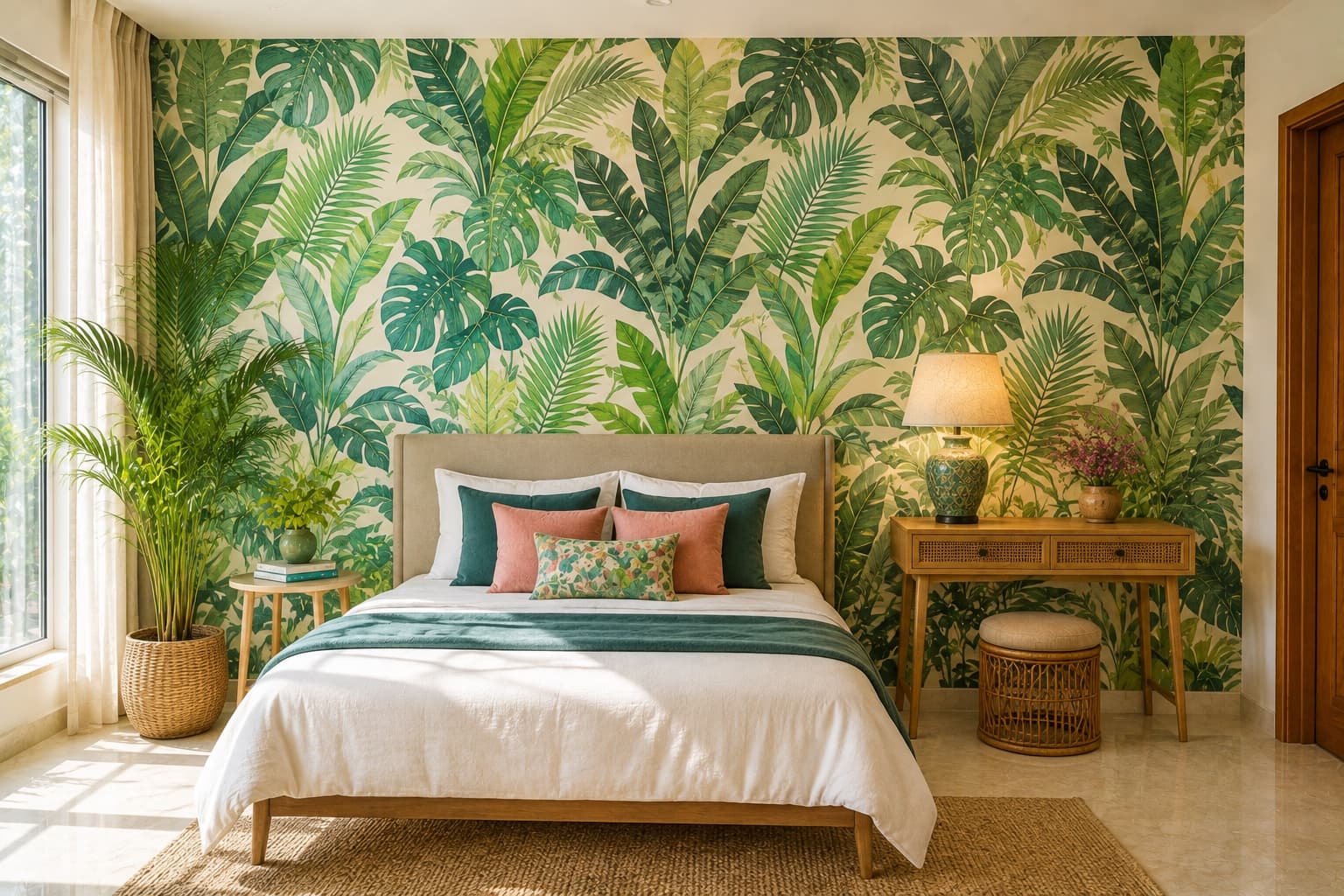 Tropical Leaf Wallpaper Accent Wall in a Living Room | Interior Design Idea by IndecSpace