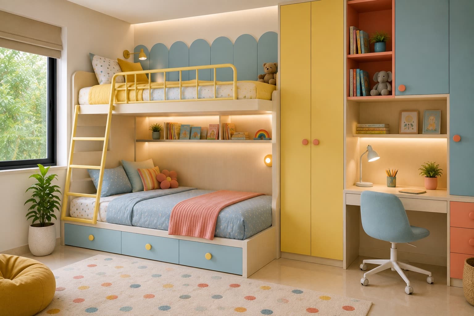 Modern Kids Bedroom Design with Bunk Bed and Study Nook | Interior Design Idea by IndecSpace