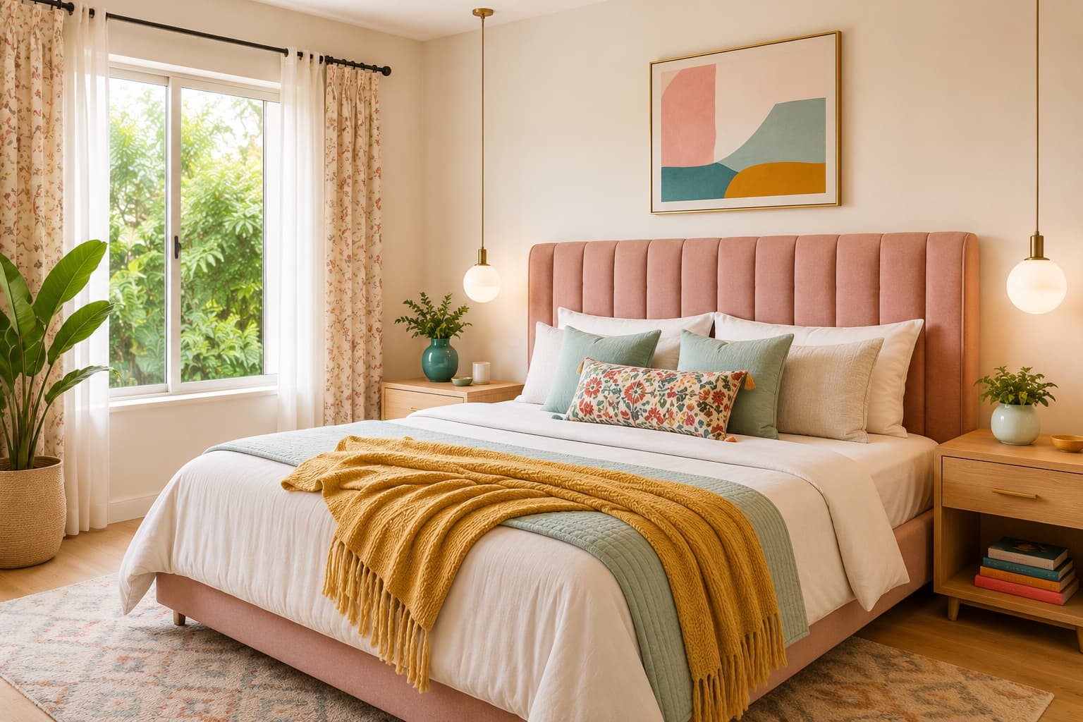 Contemporary Master Bedroom Design with Blush Pink Upholstered Headboard | Interior Design Idea by IndecSpace