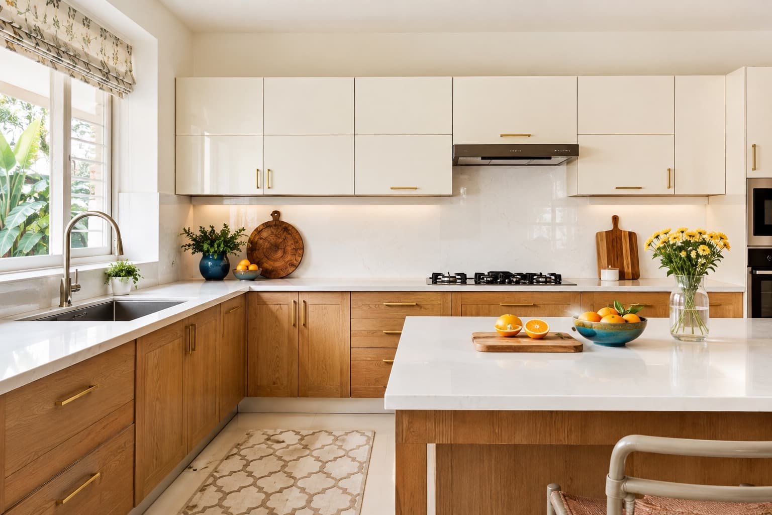 Contemporary L-Shaped Modular Kitchen Design with Walnut and Ivory Finish | Interior Design Idea by IndecSpace