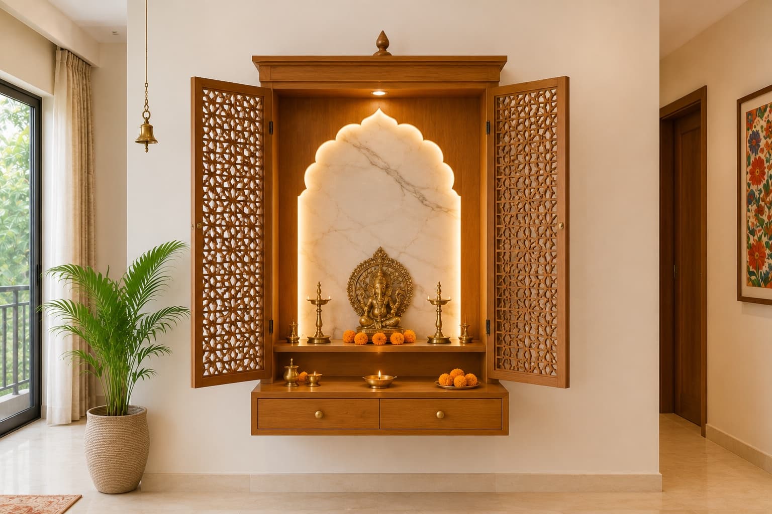 Traditional Pooja Room Design with Light Wood Jali Screen | Interior Design Idea by IndecSpace