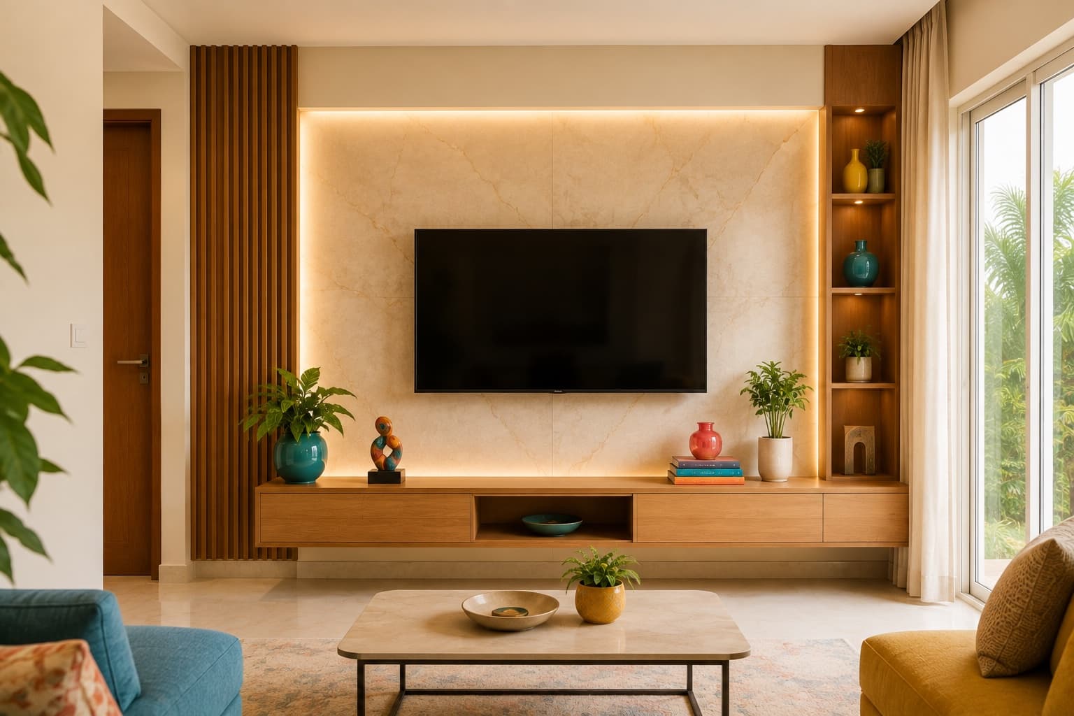Minimal TV Unit Design with Backlit Stone Cladding | Interior Design Idea by IndecSpace