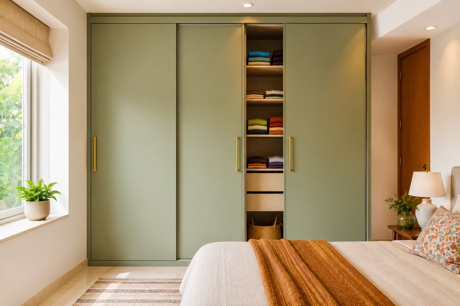 Minimal Sliding Wardrobe Design with Sage Green Shutters | Interior Design Idea by IndecSpace
