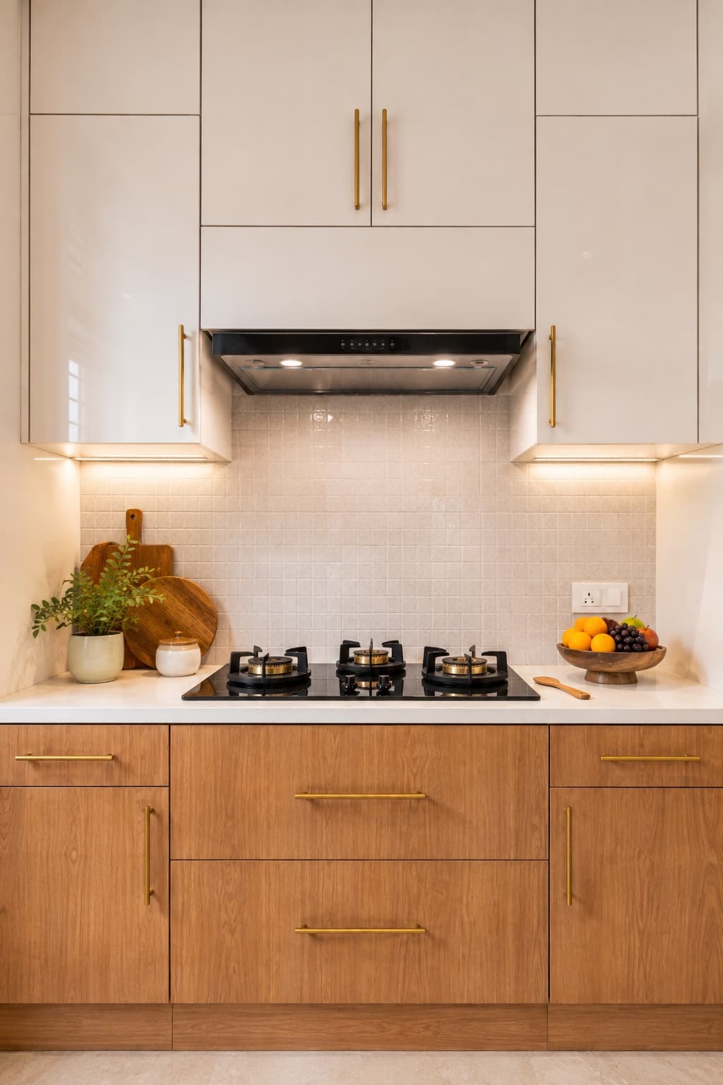 Contemporary L-Shaped Modular Kitchen Design with Walnut and Ivory Finish | Interior Design Idea by IndecSpace