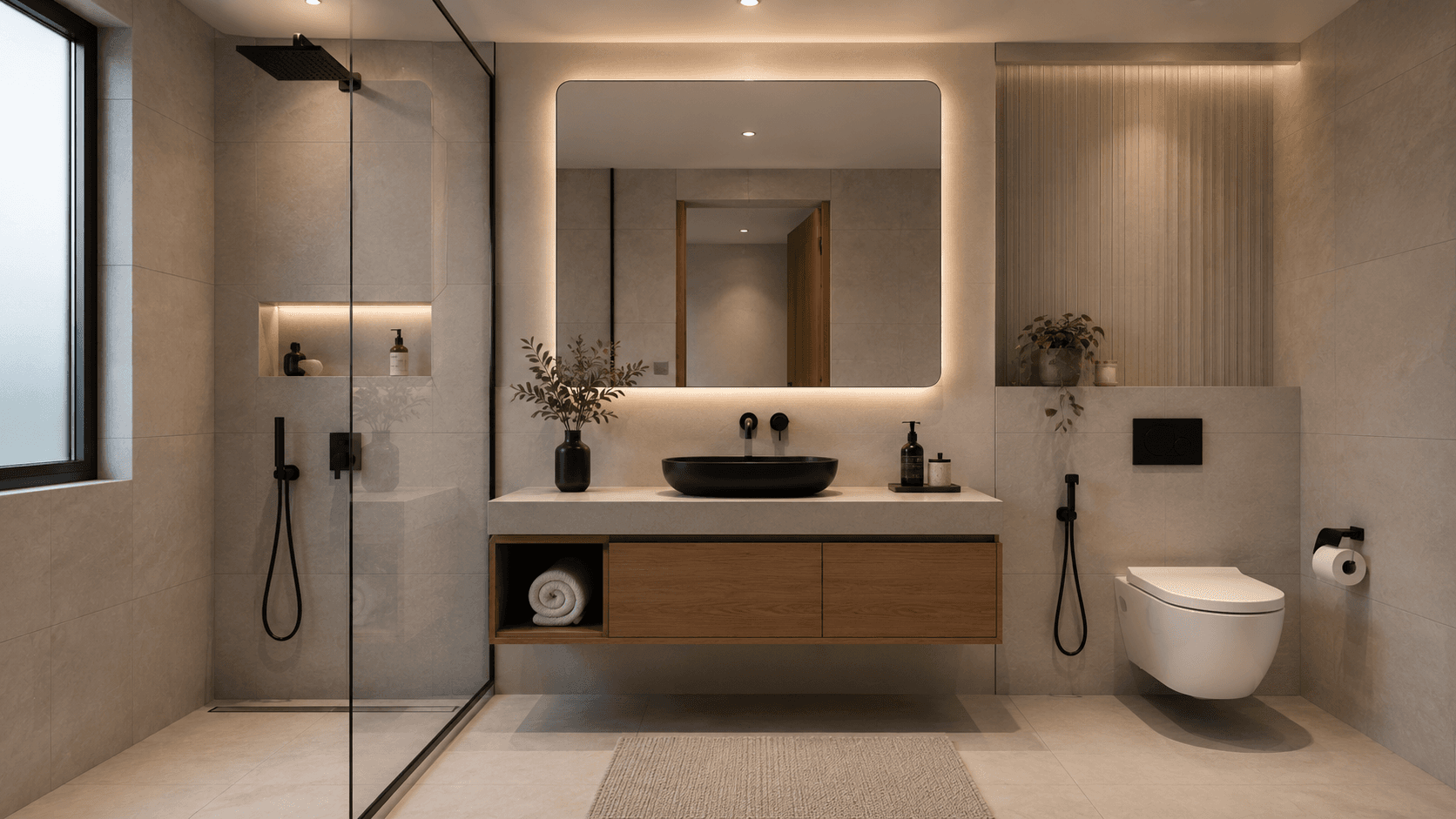 Renovated bathroom with floating vanity and matte black fixtures Delhi NCR by IndecSpace