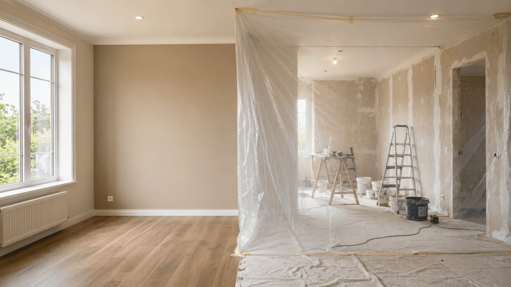 Partially renovated room showing protected work zone Delhi NCR by IndecSpace