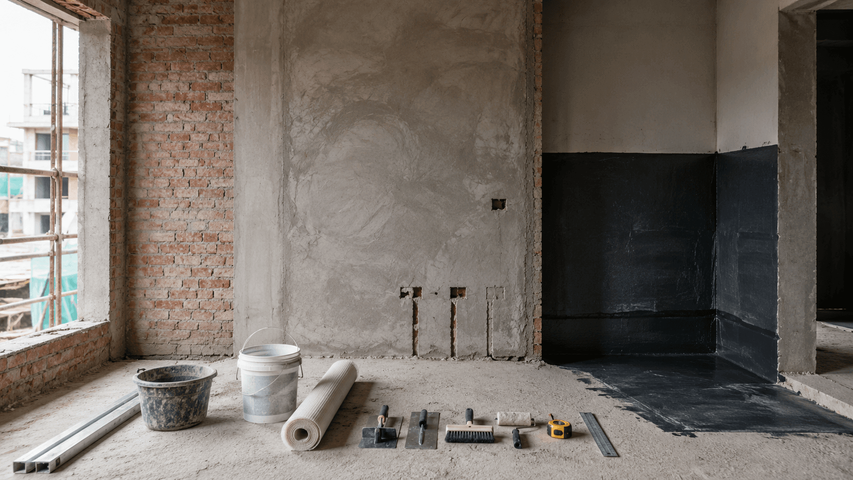 Civil work site showing masonry and waterproofing execution Delhi NCR by IndecSpace