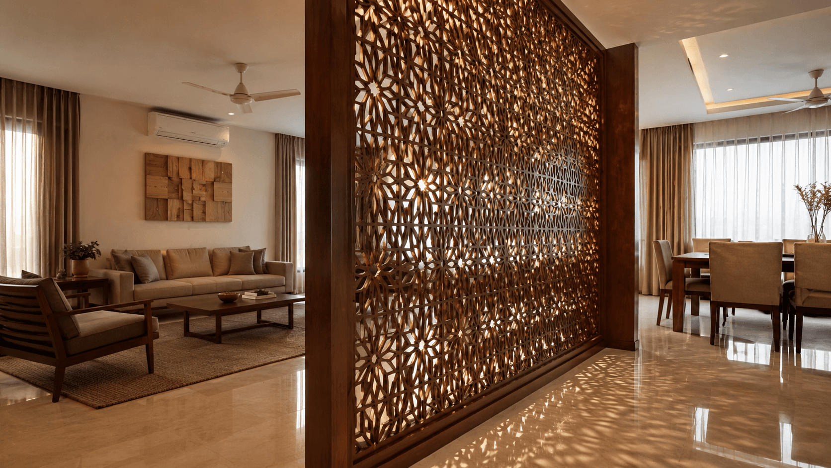CNC jali partition dividing living and dining space Delhi NCR by IndecSpace