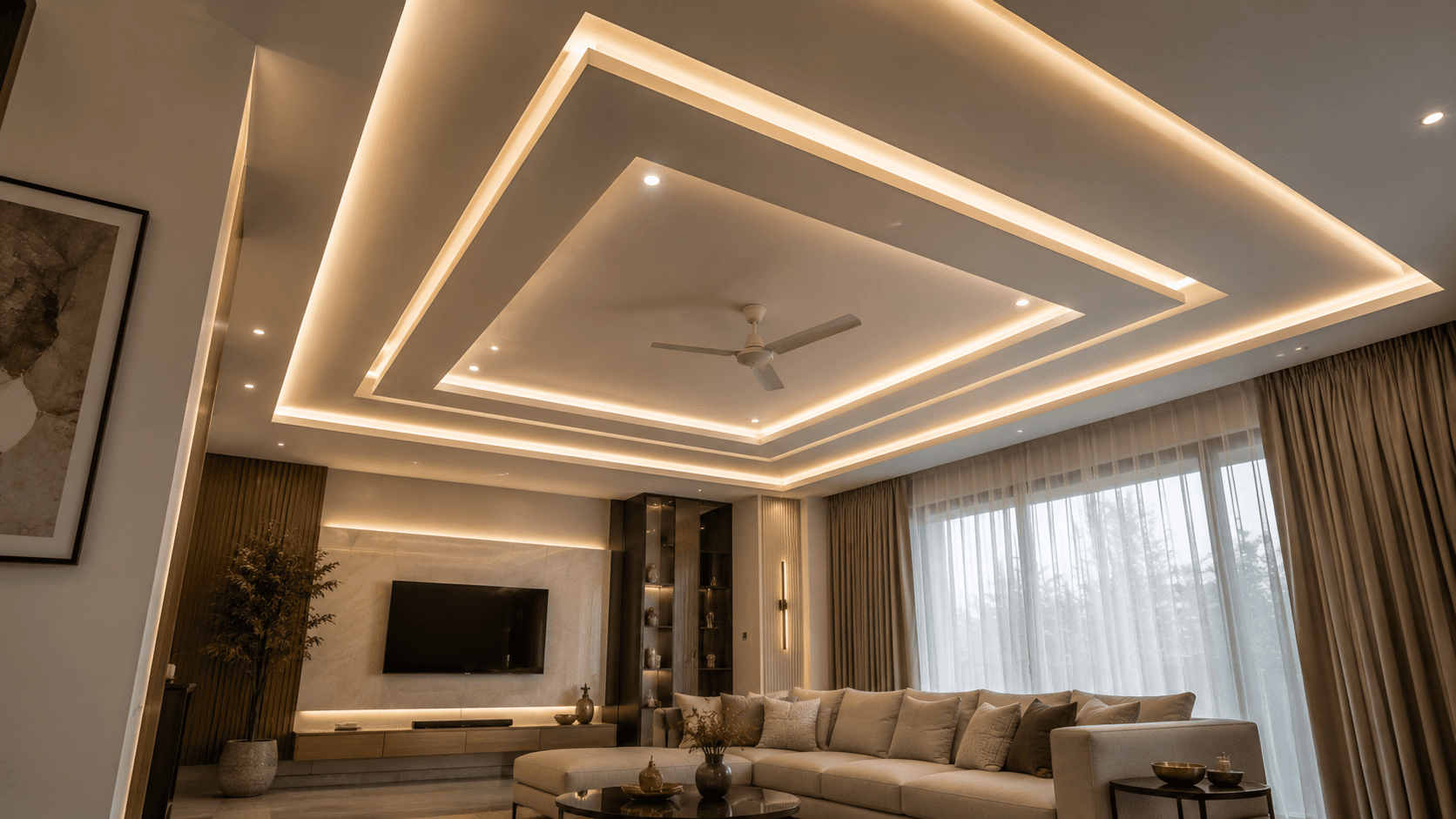 Layered false ceiling design with cove lighting in living room Delhi NCR by IndecSpace