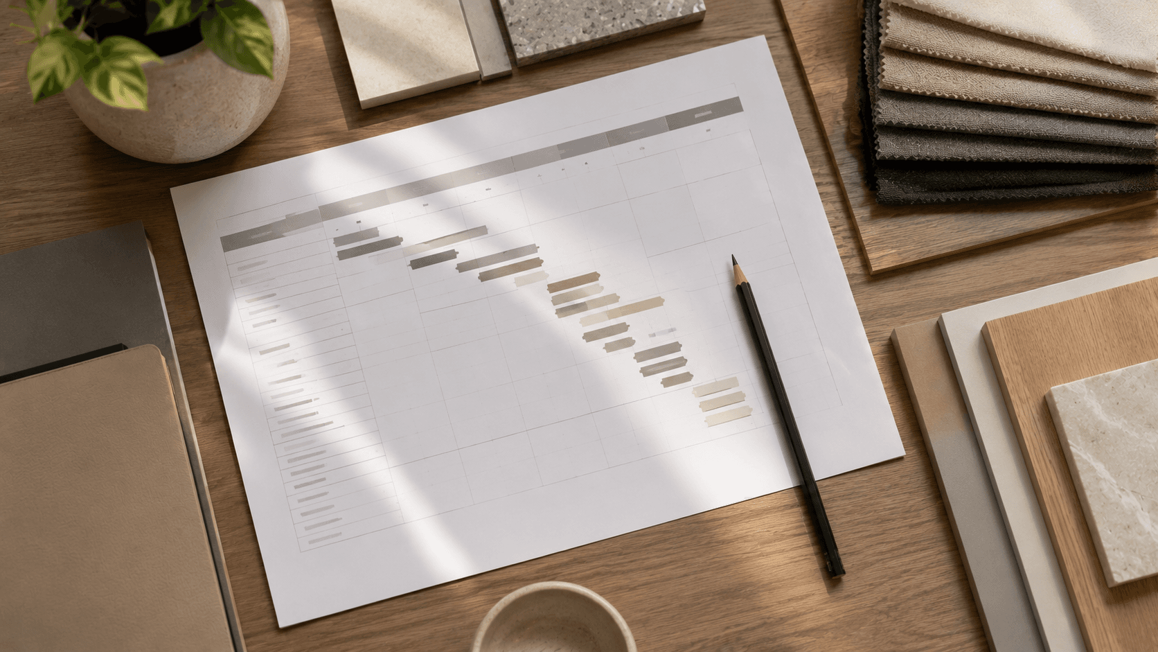 Interior design project timeline and material planning flatlay Delhi NCR by IndecSpace