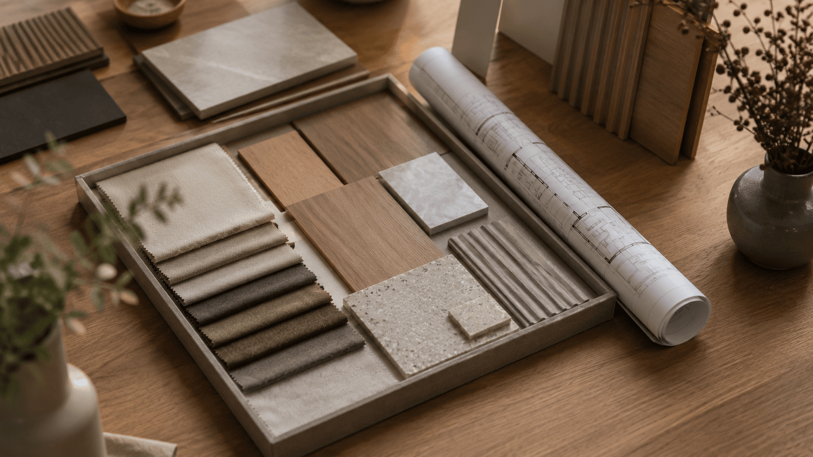 Interior design material sample board with floor plan Delhi NCR by IndecSpace