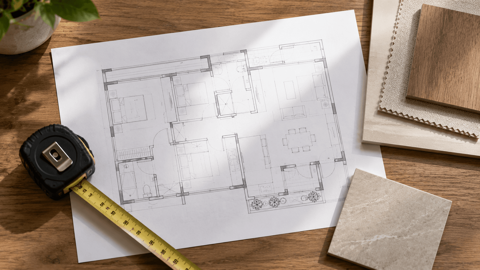 Floor plan, measuring tape, and material samples for interior project planning Delhi NCR by IndecSpace